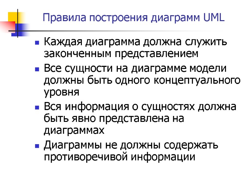 Правила построения диаграмм UML Каждая диаграмма должна служить законченным представлением  Все сущности на